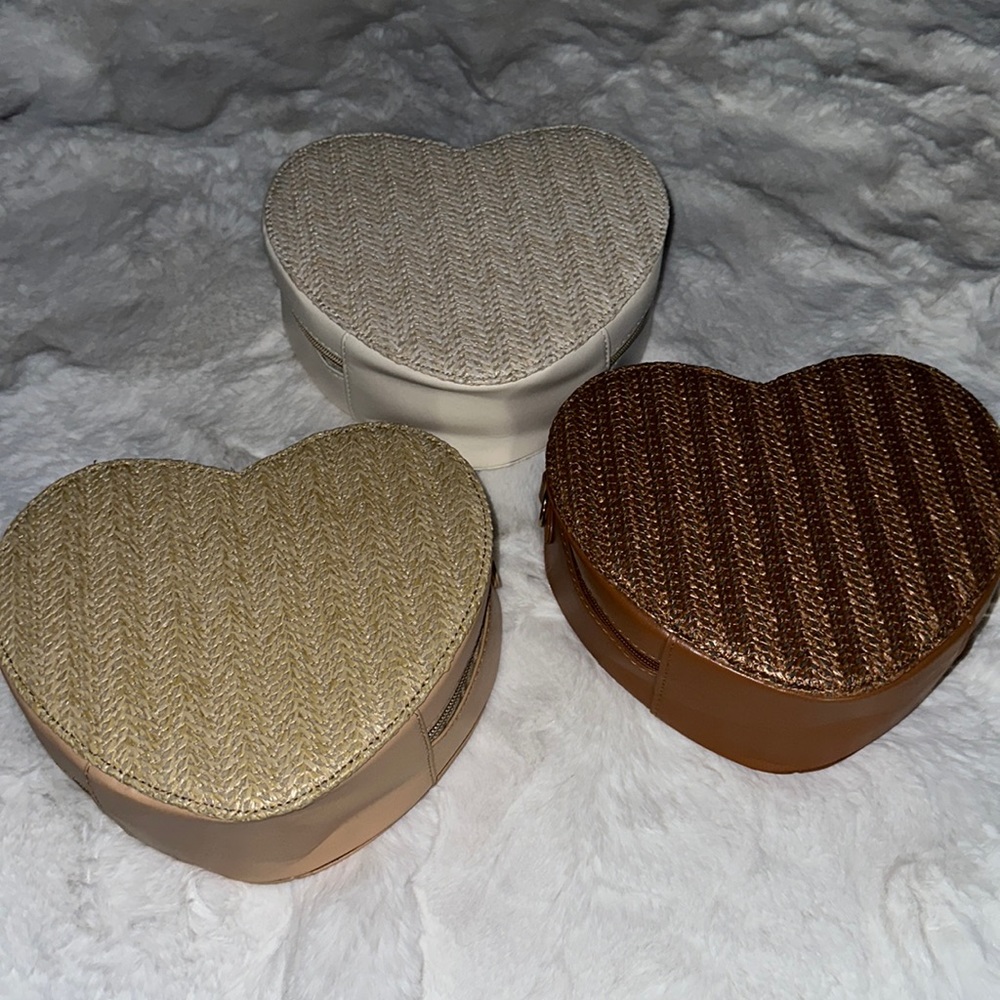 Heart shaped straw crossbody bags in different colors, $8 each or 3 for $20